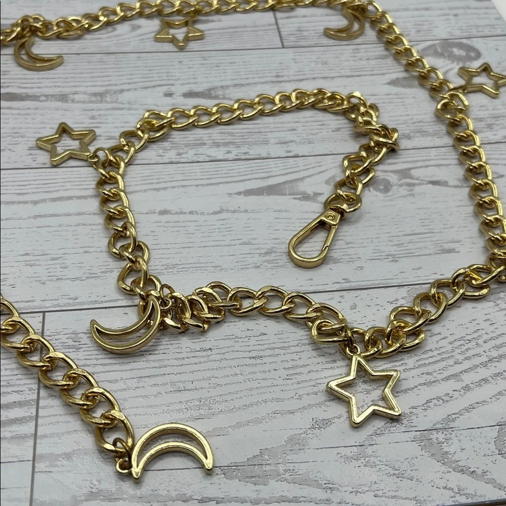 Gold Tone Chain Belt with Star and Moon Charms Celestial